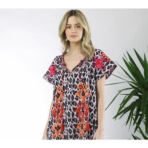 Rose and Rose Black and Pink Animal Print Embroidered Tunic - Size - Small